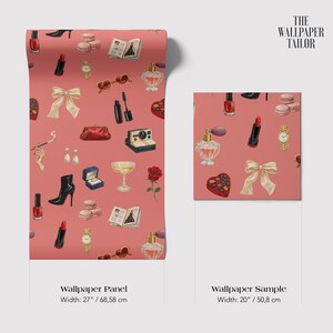 The image is a wallpaper panel and a wallpaper sample, both featuring a pink background with various fashion and beauty-related icons such as high heels, sunglasses, perfume bottles, and makeup items.