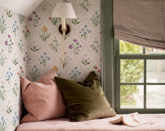 White Meadow Flower Botanical Peel & Stick-behang, klassieke wilde bloemen muurbekleding, elegant Frans geïnspireerd ontwerp verwijderbaar behang