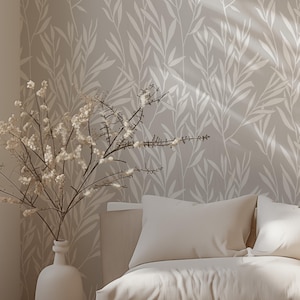 Grau-Weiß Neutral Blatt schälen und Stick entfernbare Tapete, Schlafzimmer Wedel temporäre selbstklebende Pflanzenwandabdeckung neutral und zart