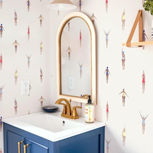 スイミングレトロの剥がして貼る壁紙、プールスイム女性用壁紙、海の航海用自己粘着壁画、ライトピンクの壁カバー