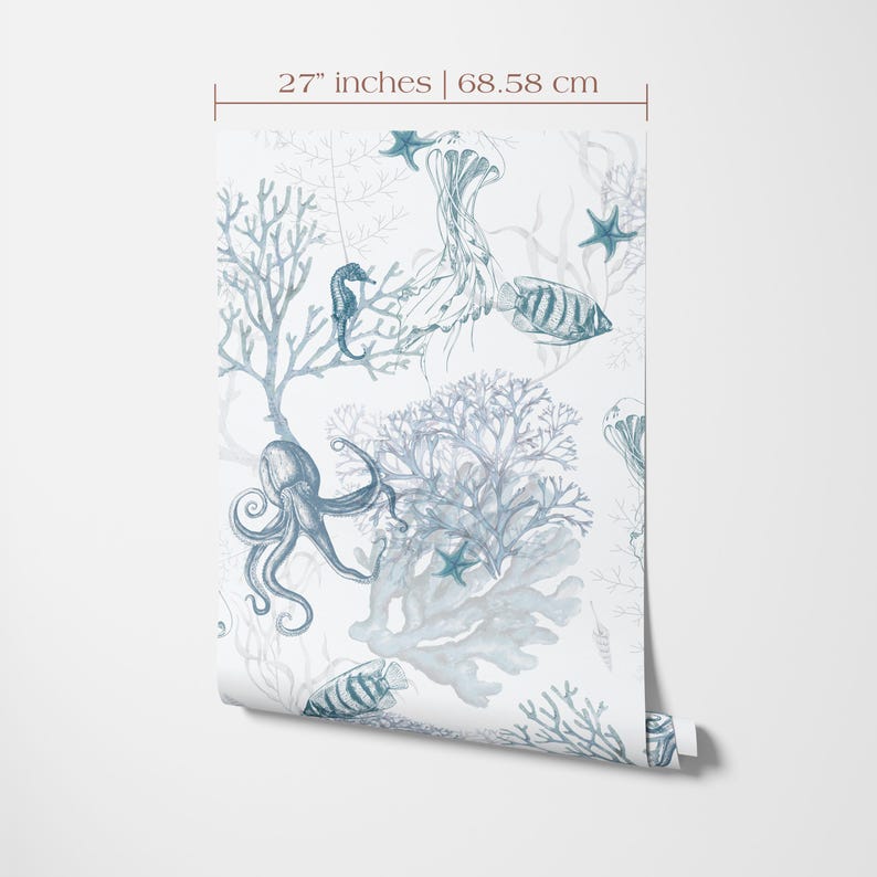 27 inches wide wallpaper roll with coastal seahorse, octopus, starfish and coral  print in blue color on a  white background.