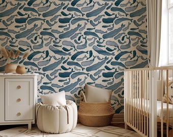 Watercolor Whale Peel and Stick Wallpaper: Nautical Kids Room Decor in Blue