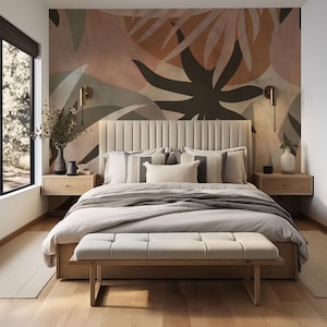 Carta da parati murale moderna a tema giungla marrone, carta da parati rimovibile staccabile e attaccabile, carta da parati temporanea con foglie di terracotta beige, arte naturale terrosa