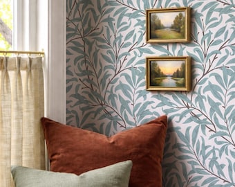 Blue Leaf Victorian Peel and Stick Removable Wallpaper, Nature Inspired Stick On Wall Paper, Botanical Wallpaper Inspired by William Morris