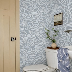 Coastal Wave Blue and White Peel & Stick Wallpaper, Nautical Beach House Mural