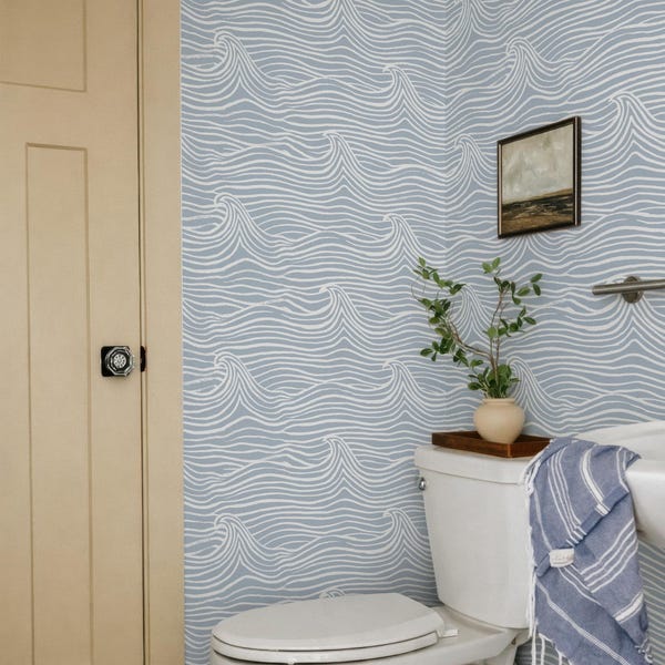 Coastal Wave Blue and White Peel & Stick Wallpaper, Nautical Beach House Mural