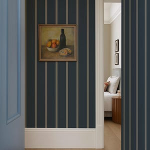 Dark Blue Line Stripe Peel & Stick Removable Wallpaper, Abstract Retro Beige and Navy Wall Mural, Moody Wall Decal