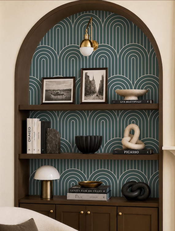 Green Arch Geometrical Modern Peel and Stick Removable Wallpaper, Temporary Self Adhesive Wallpaper, Accent Wall Decal, Khaki Wallpaper