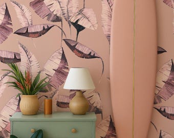 Pink Banana Leaf Removable Wallpaper, Peel and Stick Muted Tropical Theme Bedroom Mural