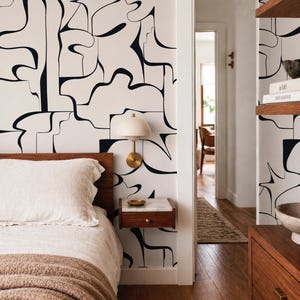 Black White Abstract Line Wallpaper, Modern Peel & Stick or Traditional Minimalist Decal, Graphic Contemporary Mural