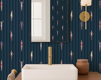 Navy Blue Swim Peel and Stick Wallpaper, Dark Pool Swimmers Female Wallpaper, Beach House Self Adhesive Wall Mural