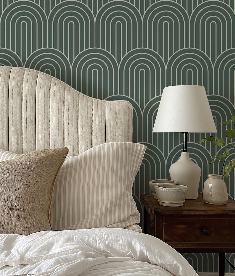 Green Arch Geometrical Modern Peel and Stick Removable Wallpaper, Temporary Self Adhesive Wallpaper, Accent Wall Decal, Khaki Wallpaper image 2