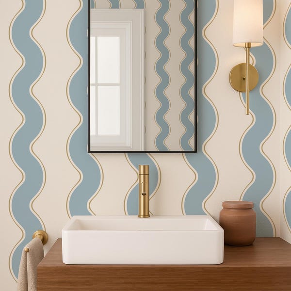 Blue Retro Wavy Lines Removable Peel and Stick Wallpaper,  Bold Stripes Wall Cover, Funky Temporary Accent Wall Wallpaper