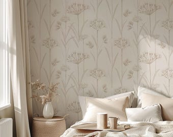 White & Beige Floral Peel and Stick Wallpaper, Custom Flower Classic Large Wall Mural, Farmhouse Wallpaper, Removable Wallpaper