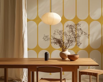 Abstract Yellow and White Circle Shape Wallpaper, Round Retro Vibe Removable Wall Decal, Colorful Background - Peel and Stick