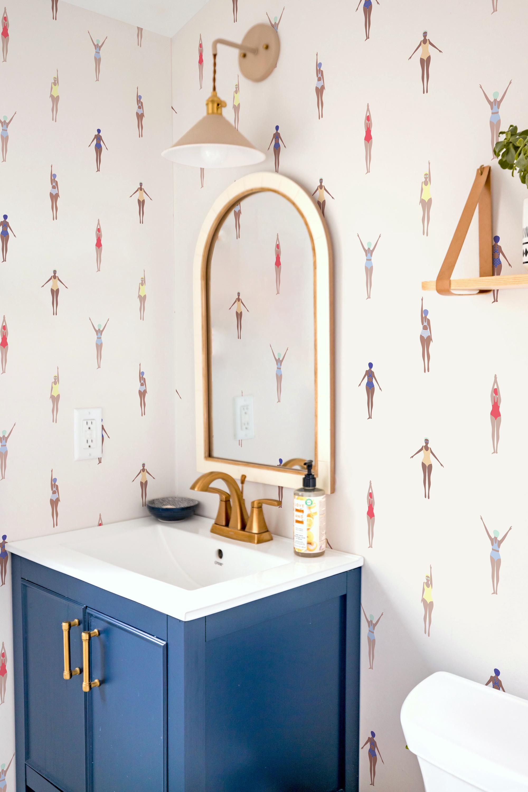 Swimming Retro Peel and Stick Wallpaper, Pool Swim Female Wallpaper, Ocean Nautical Self Adhesive Wall Mural, Light Pink Wall Cover