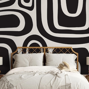 Abstract Dark Gray Shape Peel and Stick Removable Wallpaper, Large Shape Cream Background Wallpaper, Retro Vibe Wall Wallpaper