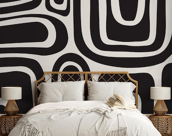 Papel pintado abstracto gris oscuro con formas despegables y adhesivas, papel pintado de fondo crema con formas grandes, papel pintado de pared con estilo retro