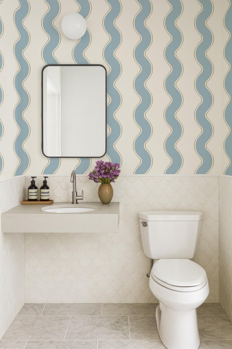 Blue Retro Wavy Lines Removable Peel and Stick Wallpaper, Bold Stripes ...