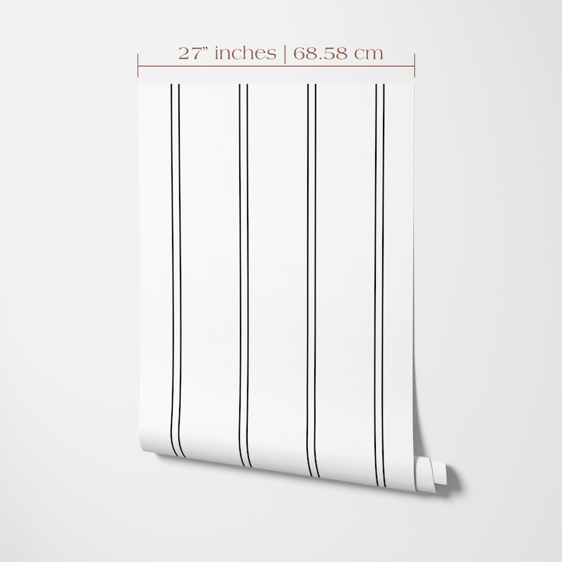 27 inches wide wallpaper roll with a black stripe print on a bright white background.