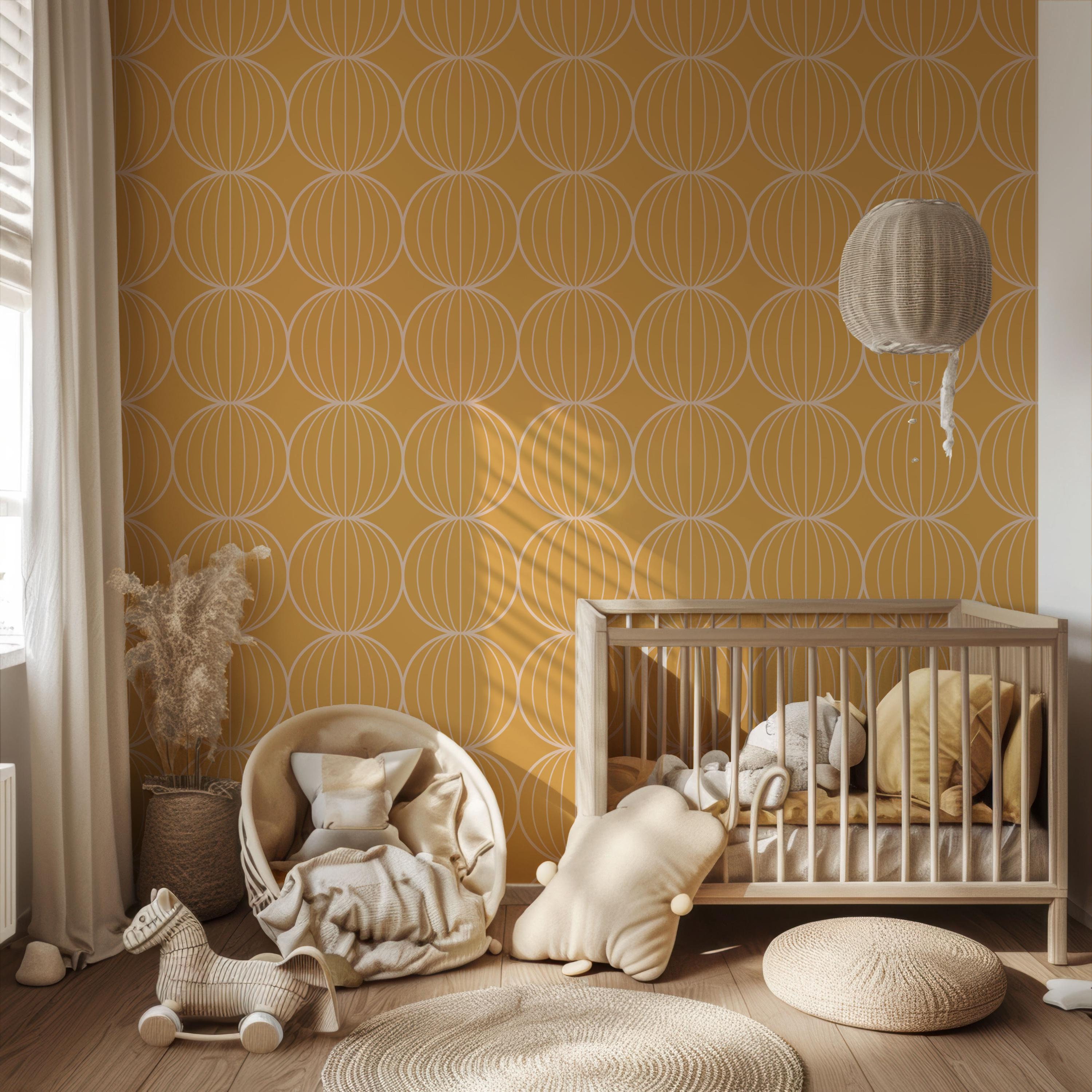 Gelbe Retro Vibe Tapete zum Abziehen und Aufkleben: Geometrische Kreis-Akzent-Wand