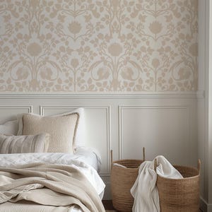 Botanical Beige & White Flower Wallpaper, Inspired by William Morris, Floral Removable Peel and Stick Design, Elegant Classic Self Adhesive