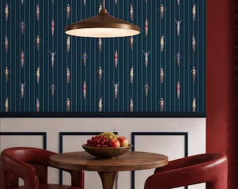Navy Blue Swim Peel and Stick Wallpaper, Dark Pool Swimmers Female Wallpaper, Beach House Self Adhesive Wall Mural
