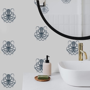 Octopus Peel and Stick Wallpaper, Marine Coastal Blue Ocean Removable Wallpaper, Small Dimension Octopus Wallpaper