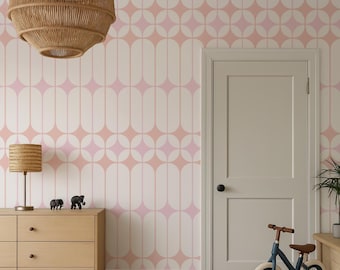 Pink Oval Round Geometric Peel and Stick Wallpaper, Retro Removable Wallpaper