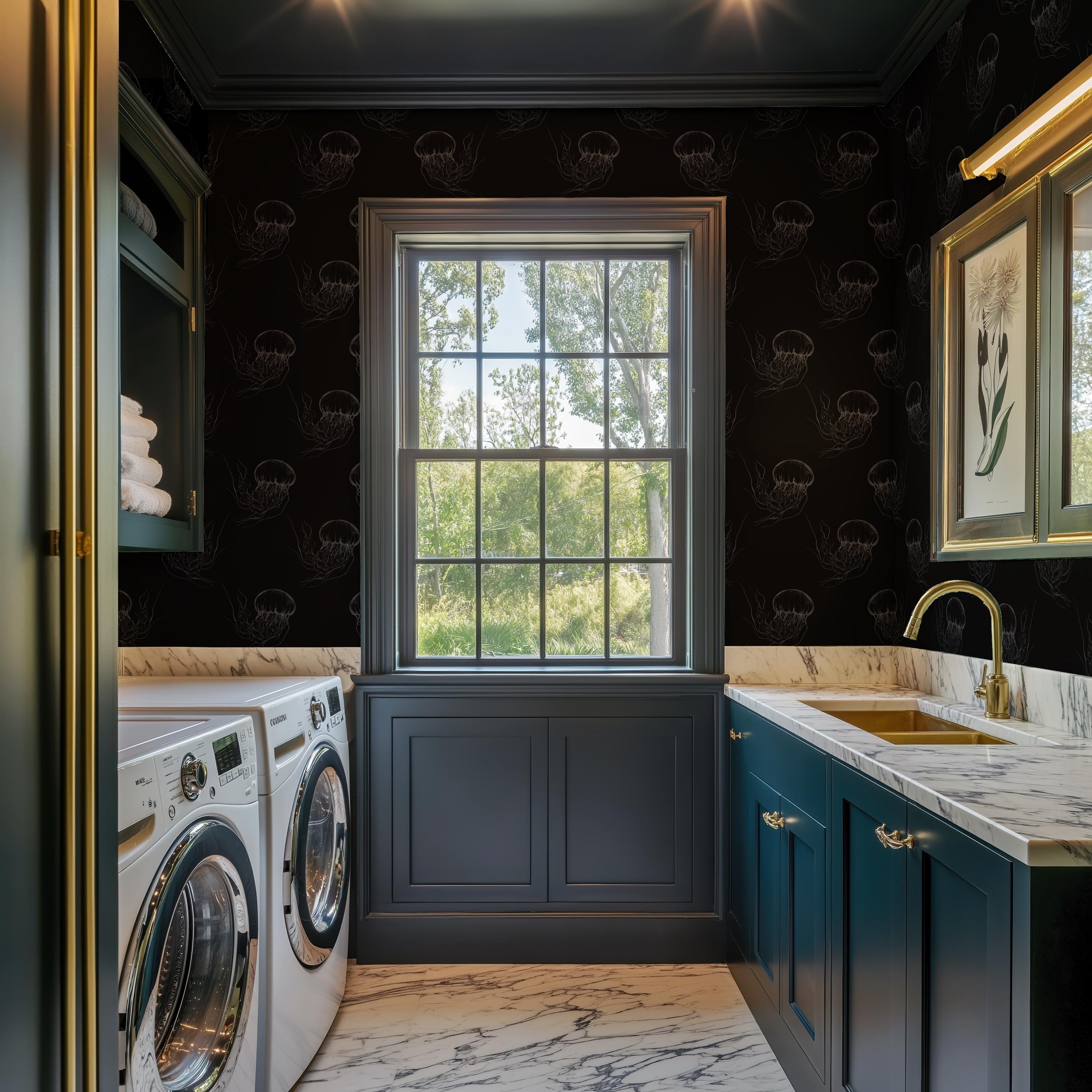 Dark Jellyfish Peel and Stick Wallpaper: Black & Gray Nautical Powder ...