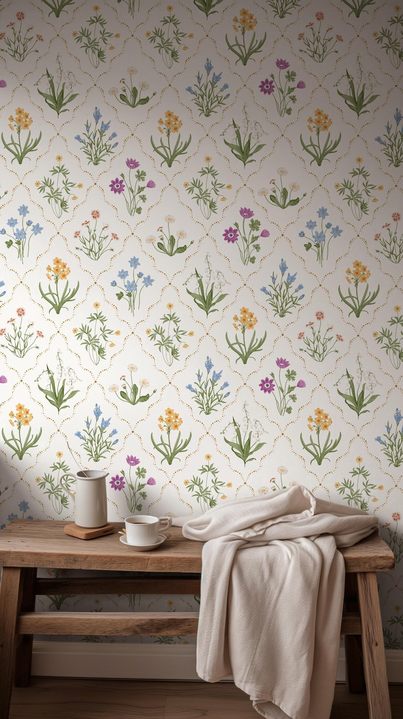 White Meadow Flower Botanical Peel & Stick Wallpaper, Wildflower Classical Wall Cover, Elegant French-Inspired Design Removable Wallpaper image 4
