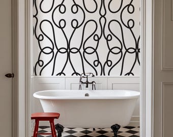 Abstracte elegante lijn verwijderbaar behang met strepen en lijnen, zwart-wit behang, tijdelijk zelfklevend
