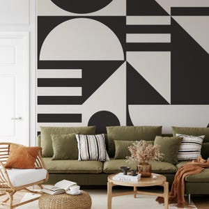 Abstract Black Shape Removable Wallpaper, Cream Background Wallpaper, Retro Vibe Wall Decal, Temporary Wallpaper