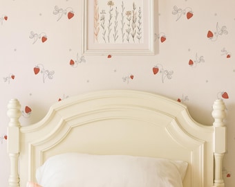 Strawberry Peel and Stick Wallpaper in Pink and Red: Girl Room Wall Decal