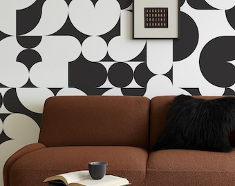 Papel pintado desprendible con formas abstractas en blanco y negro, estilo retro, para pegar y despegar, con formas atrevidas inspiradas en la Bauhaus.