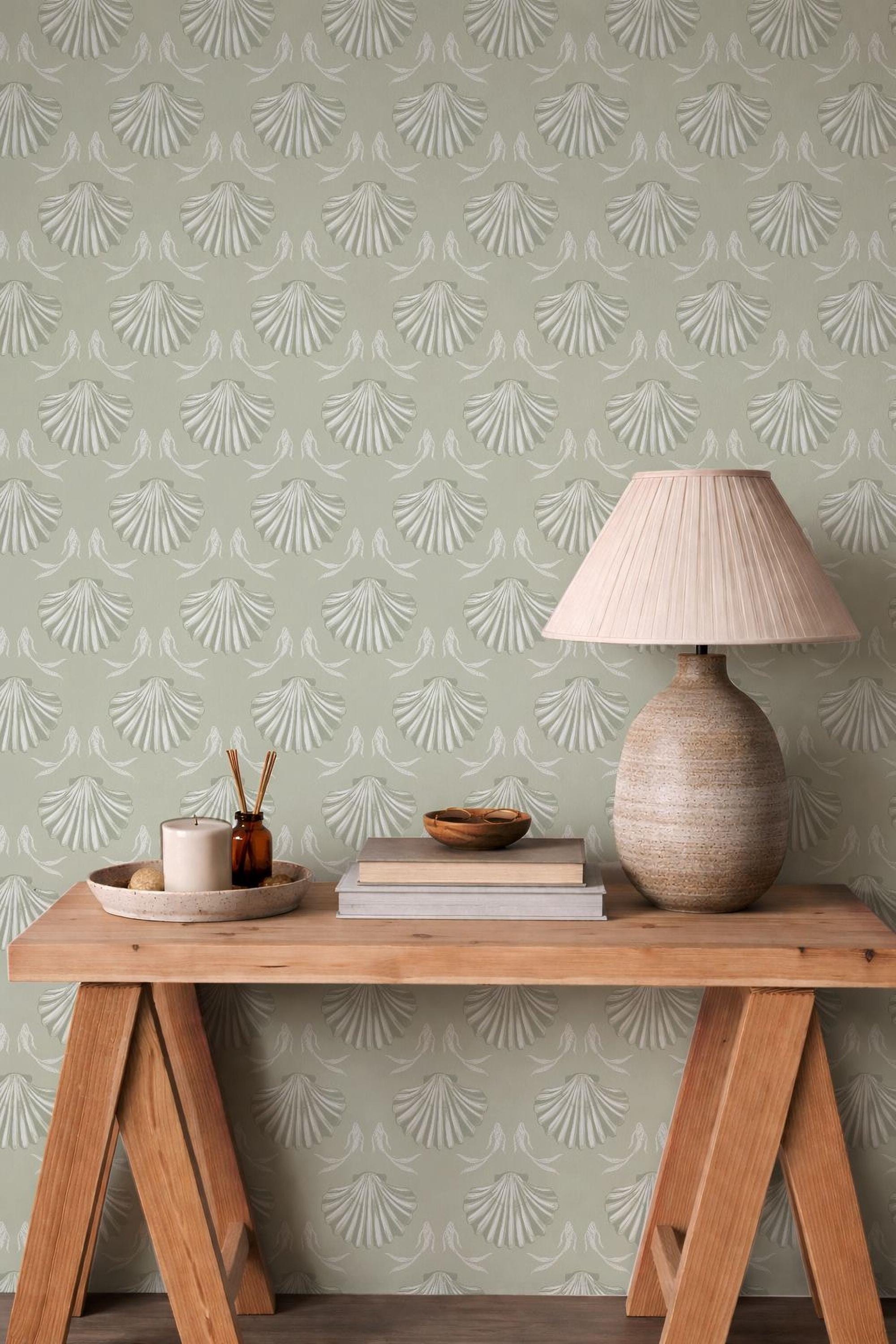 Fish Neutral Sage Green Scallop Shell Peel Stick Wallpaper, Coastal Removable Beach ...