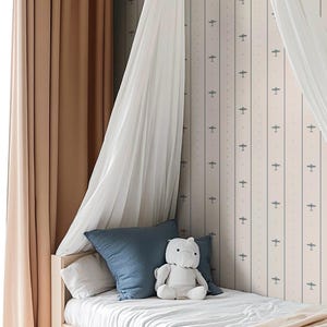 Carta da parati rimovibile Line and Airplane Kids Peel & Stick, murale moderno blu e beige, adesivo da parete a strisce luminose per la stanza dei bambini
