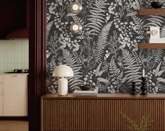 Dark Green Botanical Fern Peel Stick Wallpaper, Vintage Forest Floral Wall Mural, Charcoal Nature Pattern, Victorian Cottage Decor