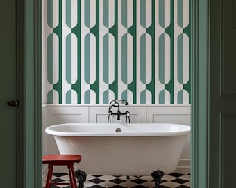 Green Retro Vibe Wallpaper, Abstract Geometric Peel and Stick Wall Mural, Mid Century Wallpape, Peel and Stick Wall Decal
