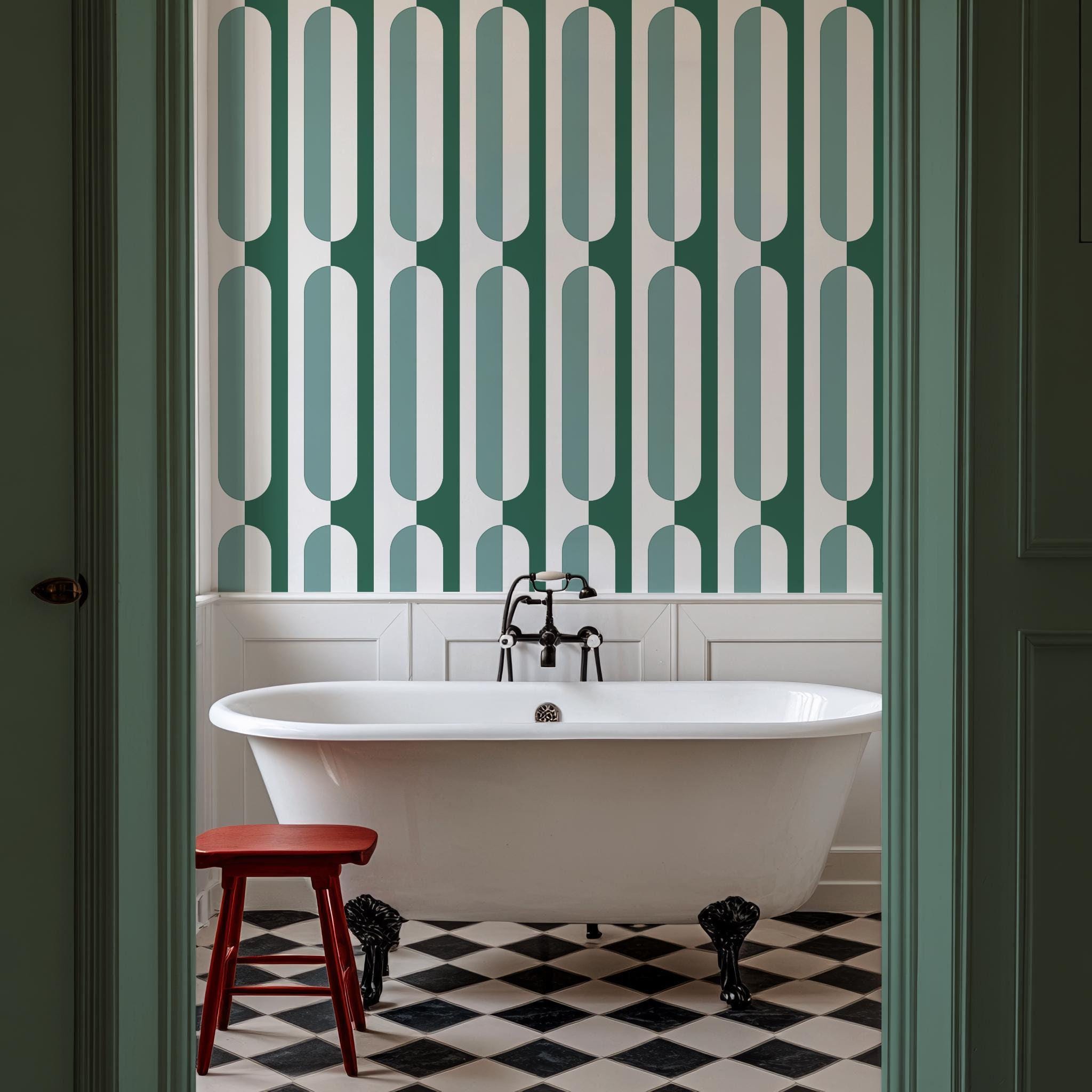 Green Retro Vibe Wallpaper, Abstract Geometric Peel and Stick Wall Mural, Mid Century Wallpape, Peel and Stick Wall Decal