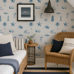 Coastal Beach Blue Palm Tree peel & Stick Wallpaper, Starfish, Pineapple and Wave Toile Mural