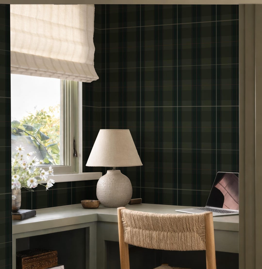 Dark Green Tartan Plaid Peel & Stick Wallpaper, Dark Checkered Wall ...