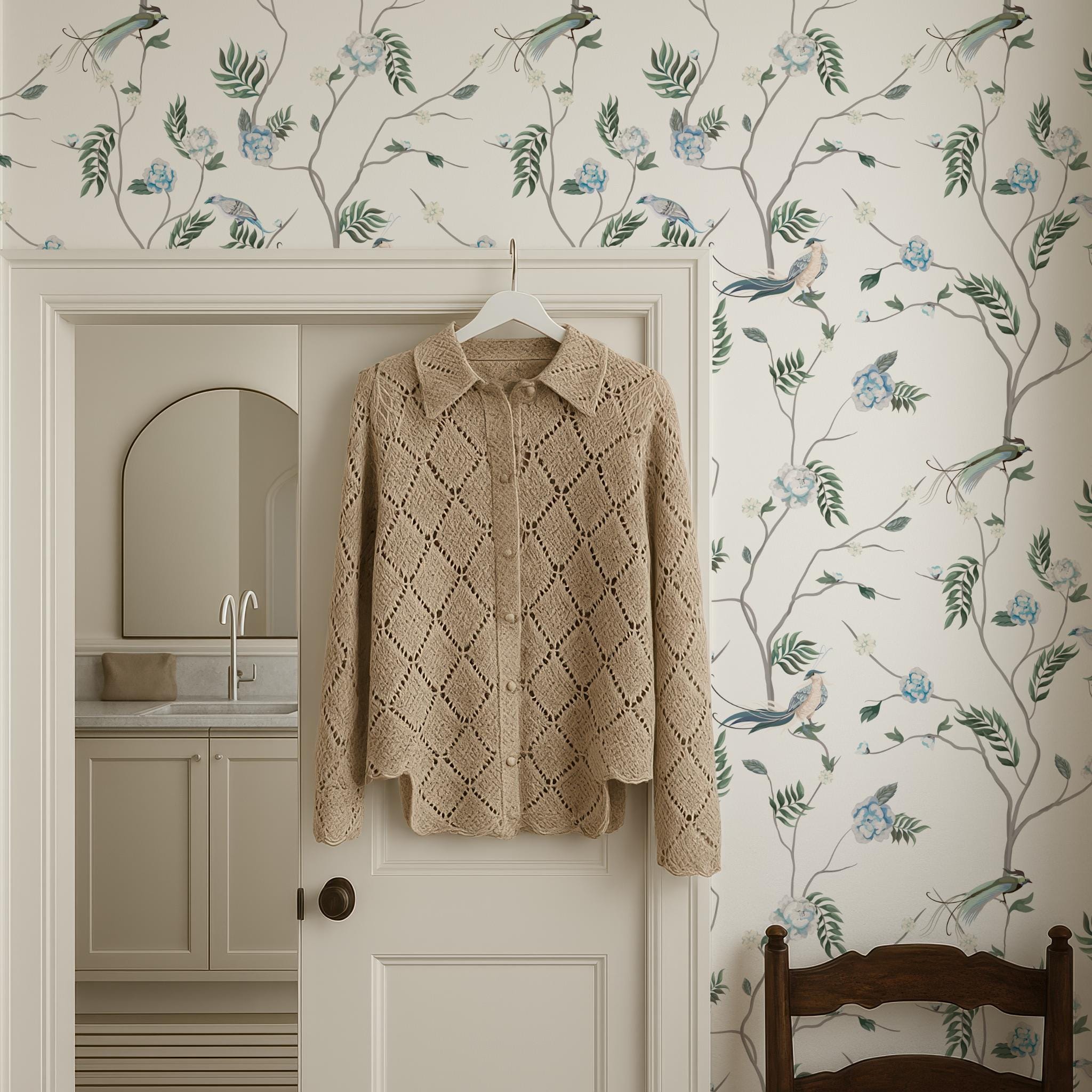 Chinoiserie Bird Peel and Stick Removable Wallpaper in Blue, Green and White, Vintage Botanical Wall Paper, Decorate Nursery Wallpaper
