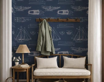 青い船の沿岸テーマの壁紙、海洋ヨットの取り外し可能な剥がして貼るデカール、マリンヨットの紙への貼り付け