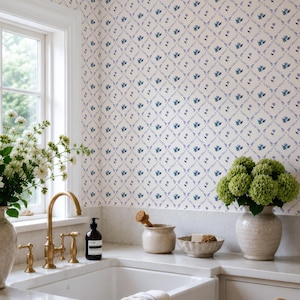 Blue Floral Peel Stick or Traditional Wallpaper, Cottage Grandmillennia Accent Decal