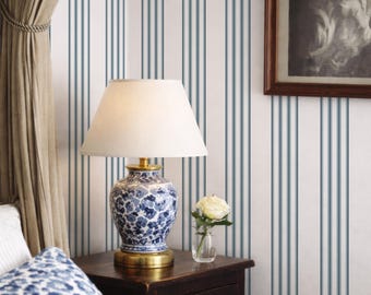 Timeless Line Peel and Stick Wallpaper in Blue and White, Vintage Removable Wallpaper, Classical Stripe Wall Hanging