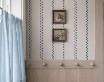 Beige and Blue Delicate Leaf Peel & Stick or Traditional Wallpaper, Stripe Classic Cottage Wall Decor, Stripe Mural