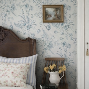 Blue Floral Peel and Stick Wallpaper: French Toile, Classic Wall Decal