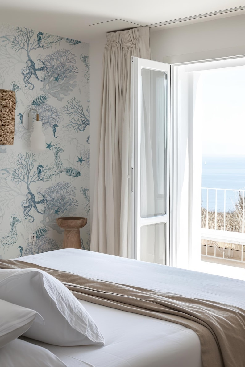 Coastal Water Animal Peel and Stick Wallpaper, Marine Fish Removable Wall Paper, Ocean Jellyfish Self Adhesive Beach-House Mural Wallpaper image 4