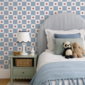 Carta da parati adesiva a scacchi blu retrò, carta da parati rimovibile vintage con stelle per bambini